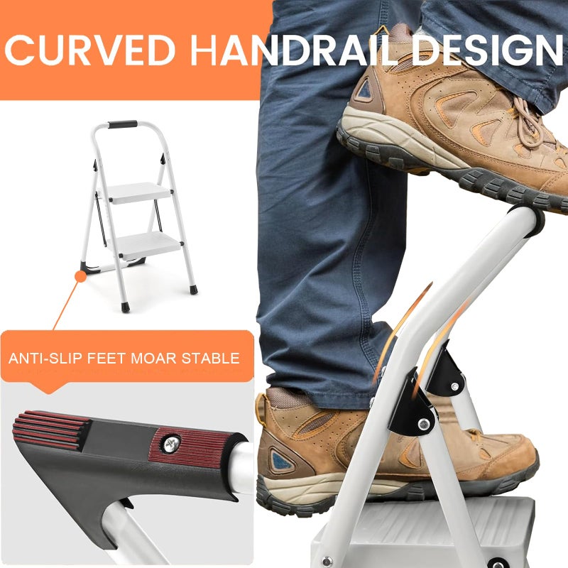 ASPERLAD Step Stool for Adults,2 Step Ladder Folding 330lbs Anti Slip Step Stool,Foldable Ergonomic 2 Steel Stool with Wide Pedal for Home, Kitchen, Office (White) - Image 5