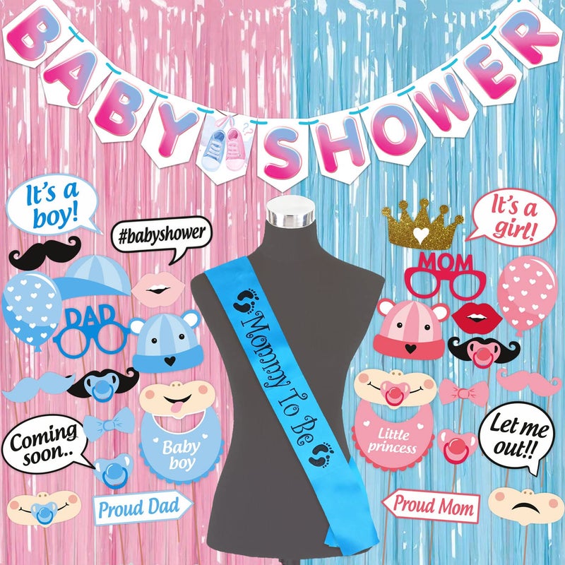 Wobbox Baby Shower Decoration Items| Baby Shower Ceremony Photo Booth Props for Photoshoot, Baby Shower Banner, Mom to Be Sash& Backdrop Foil Curtain, Godh Bharai Ceremony Decoration Kit-(FP1970) - Image 1