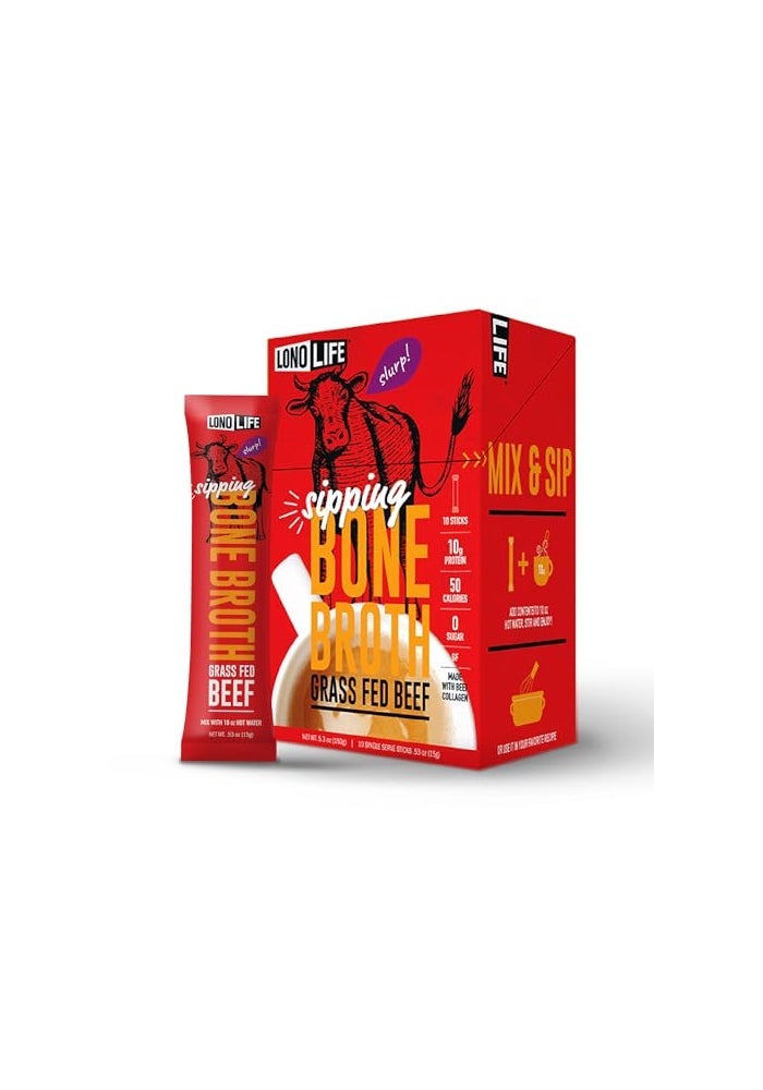 LonoLife Beef Bone Broth Powder Mix  GrassFed 10g Protein  CollagenRich Keto  Paleo Friendly  Natural Ingredients  10 Portable Stick Pack Servings - Image 1