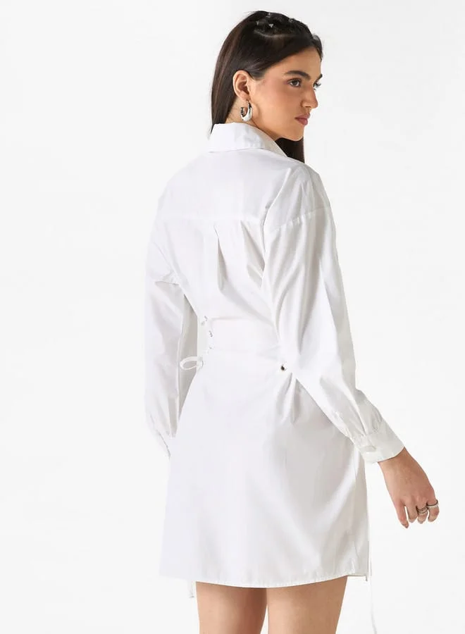 Lee Cooper Lee Cooper Solid Shirt Dress with Long Sleeves and Tie-Ups