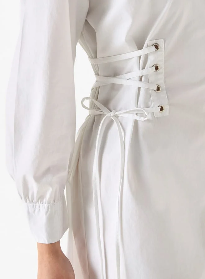 Lee Cooper Lee Cooper Solid Shirt Dress with Long Sleeves and Tie-Ups