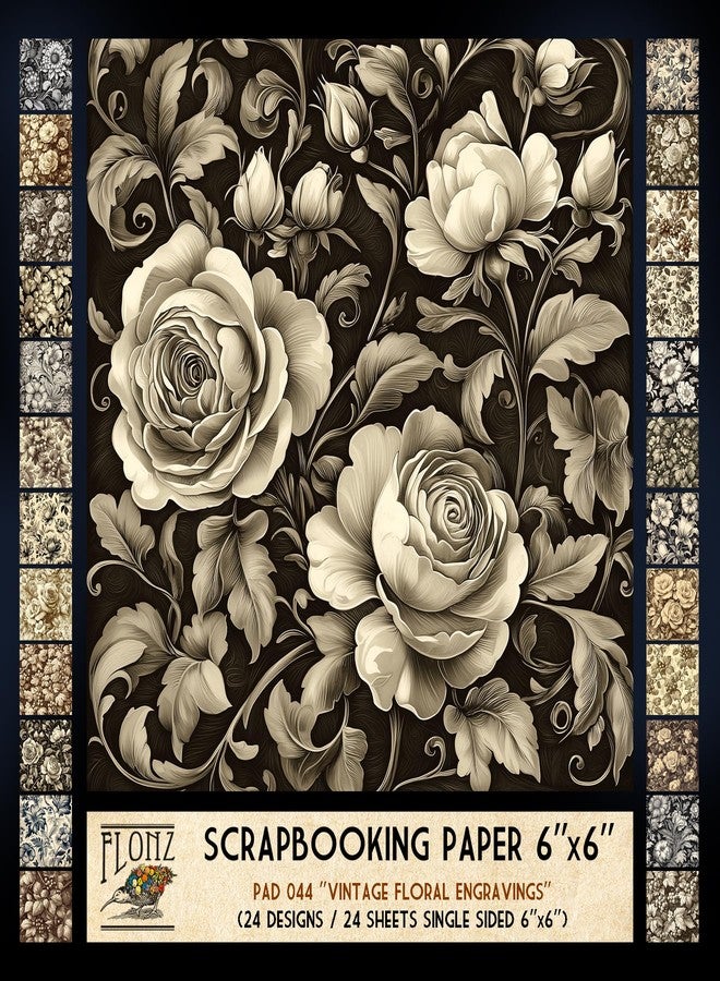 Flonz ورق قصاصات FLONZ (24 ورقة 6 بوصات × 6 بوصات) نقوش زهرية عتيقة ~ تركيبات زهور أحادية اللون مفصلة بأسلوب نقش نباتي قديم، تم تنفيذها من خلال الحفر الرقمي والتنقيط - Image 1
