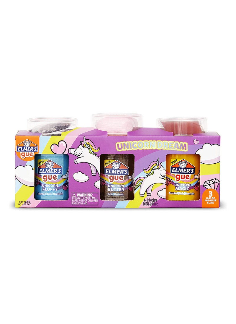 Elmers Elmer’s Gue Premade Slime Unicorn Dream Slime Kit includes Unicorn Fluffy, Butter, and Magic Gues Pack of 3 - Image 1