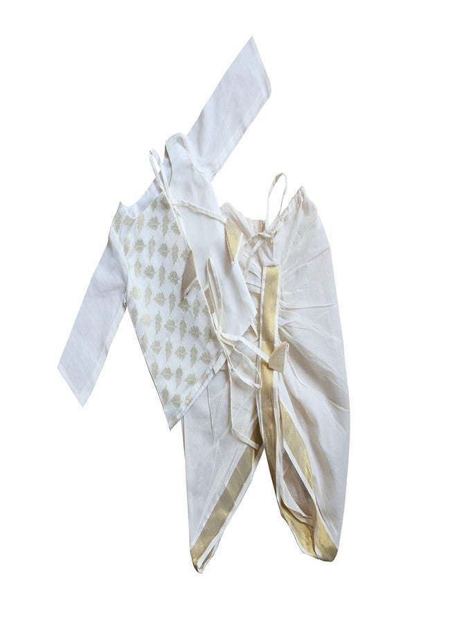 Picksparrow Baby Boy Kerala Kasavu Jhabla-Dhoti Pants/Ethnicwear/Clothing Set (3-6 Months, Chanderi-Offwhite), Solid - Image 1