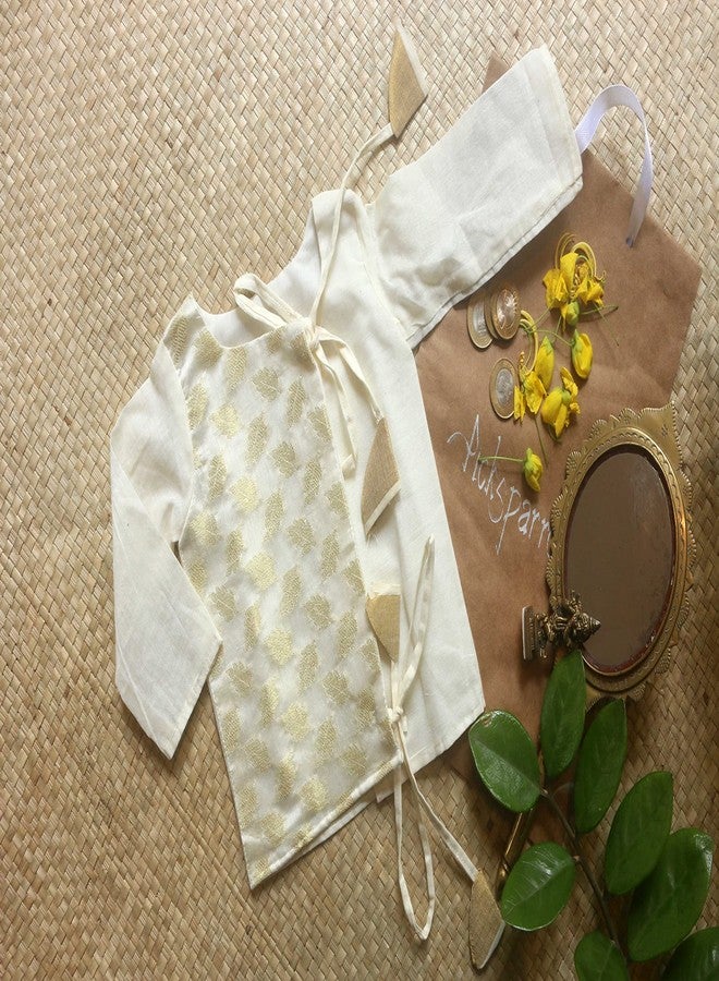 Picksparrow Baby Boy Kerala Kasavu Jhabla-Dhoti Pants/Ethnicwear/Clothing Set (3-6 Months, Chanderi-Offwhite), Solid - Image 4