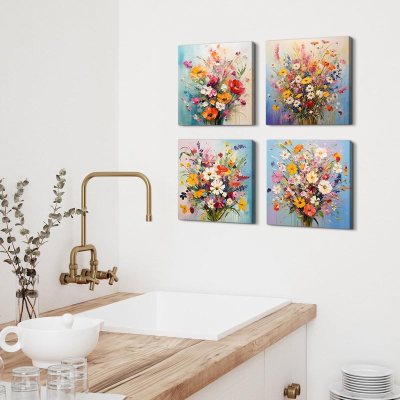 sunfrower Abstract Colorful Floral Wall Art Living Room Wildflower Pictures Wall Decor Watercolor Poppy Daisy Paintings Nature Bouquet Flowers Posters Canvas Prints Artwork Home Bedroom Decorations 12x12â€ 4P - Image 2