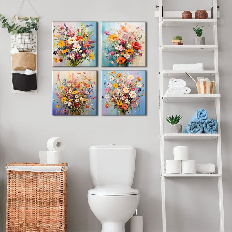 sunfrower Abstract Colorful Floral Wall Art Living Room Wildflower Pictures Wall Decor Watercolor Poppy Daisy Paintings Nature Bouquet Flowers Posters Canvas Prints Artwork Home Bedroom Decorations 12x12â€ 4P - Image 3