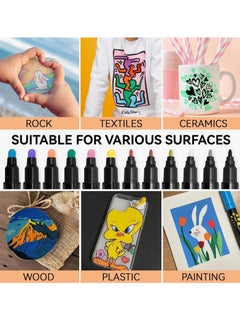 ACRYLIC أقلام تحديد الطلاء ذات الرأس المزدوج من الأكريليك مثالية للرسم على الخشب والصخور والقماش والحجر والزجاج والسيراميك والحرف اليدوية وأدوات الرسم الفنية، 12 لونًا  - Image 2