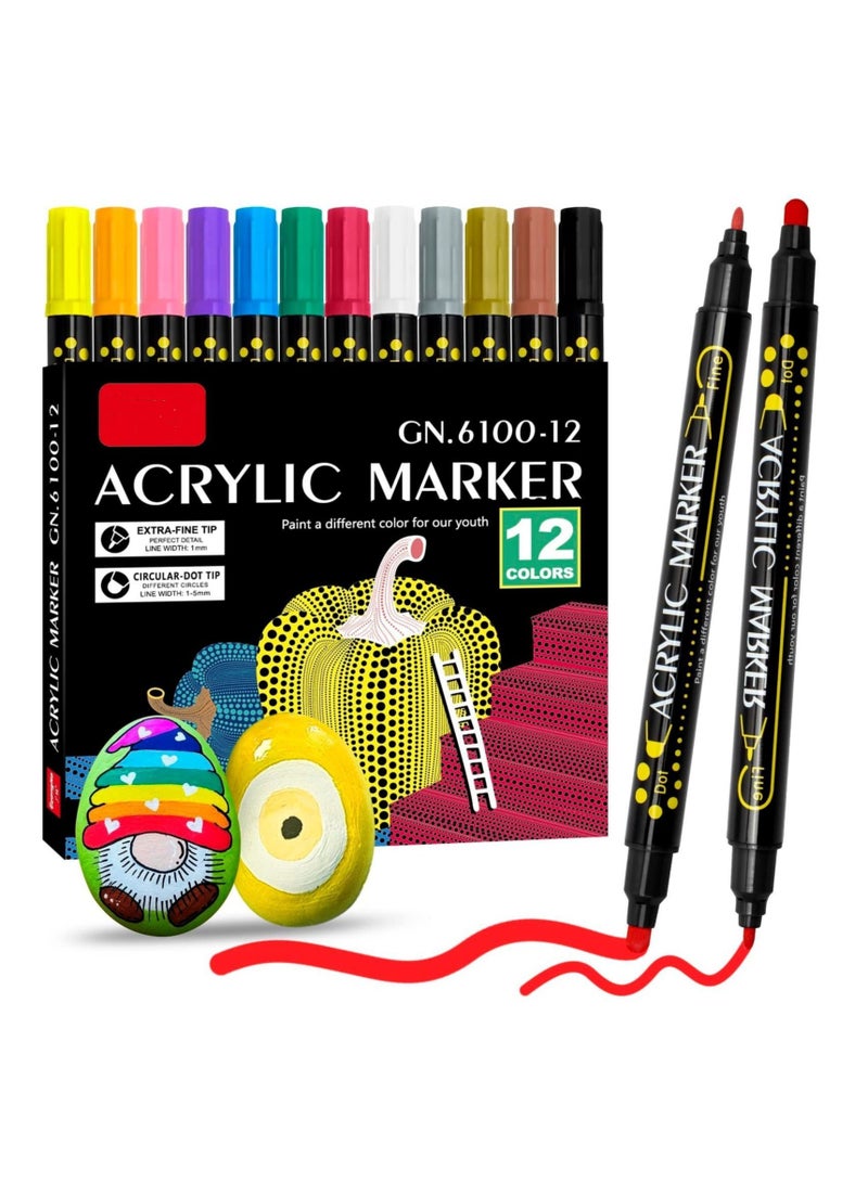 ACRYLIC أقلام تحديد الطلاء ذات الرأس المزدوج من الأكريليك مثالية للرسم على الخشب والصخور والقماش والحجر والزجاج والسيراميك والحرف اليدوية وأدوات الرسم الفنية، 12 لونًا - Image 1