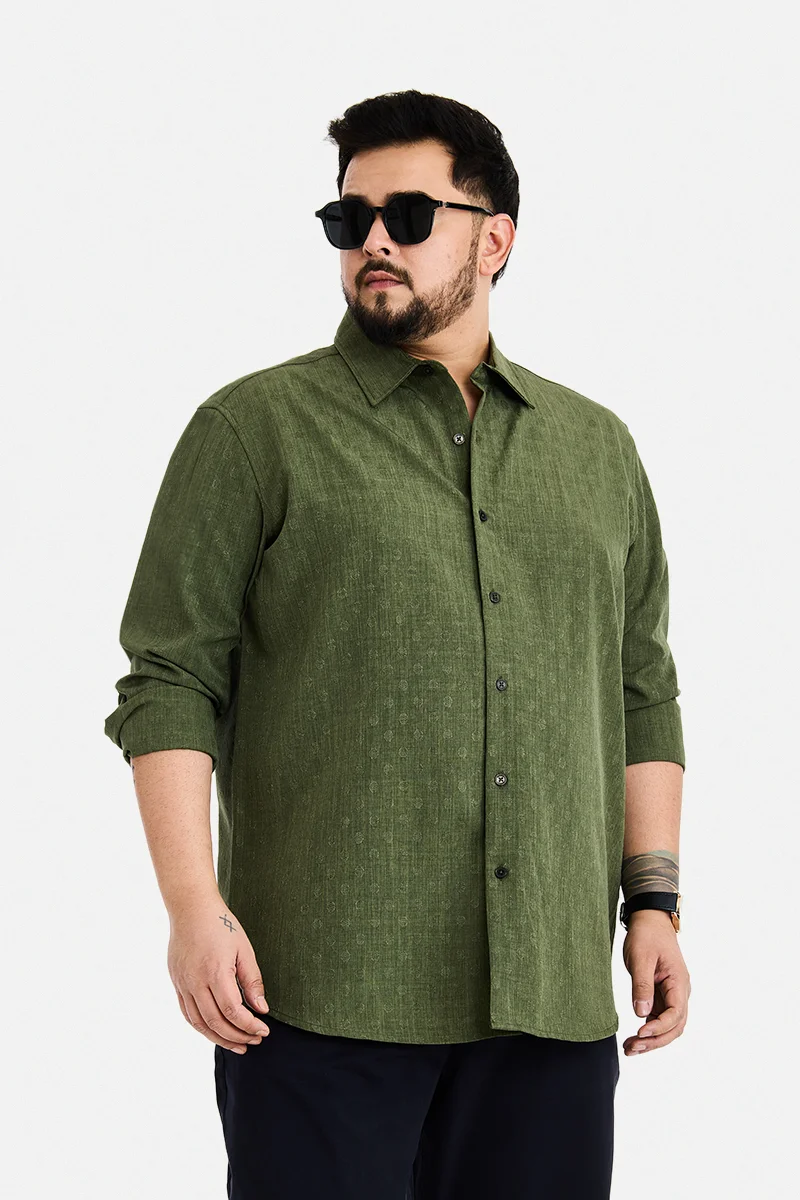SNITCH Olive Textured Long Sleeve Regular Fit Plus Size Shirt