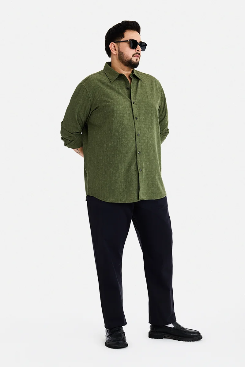 SNITCH Olive Textured Long Sleeve Regular Fit Plus Size Shirt