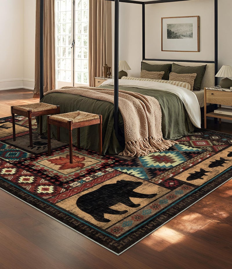 YIHOUSE Rustic Cabin Area Rug 8x10,Machine Washable Lodge Bear Rug,Non-Slip Low Pile Print Pattern Southwestern Rug for Living Room Bedroom - Image 3