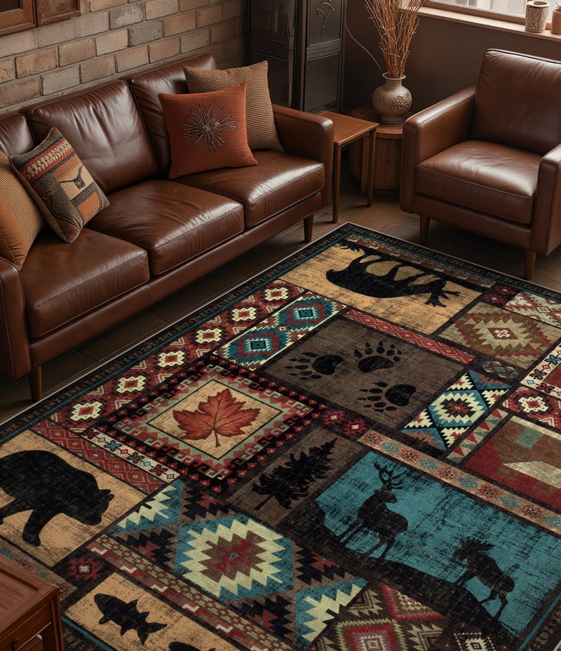 YIHOUSE Rustic Cabin Area Rug 8x10,Machine Washable Lodge Bear Rug,Non-Slip Low Pile Print Pattern Southwestern Rug for Living Room Bedroom - Image 1