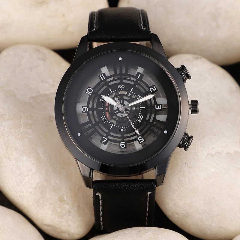 French Accent Men's The Aventra Round Watch | Onyx Black Vegan Leather Strap | Space Grey Dial | One-Size | Tang Buckle Closure | Quartz | Battery | Wrist Belt Watch for Men and Boys - Image 2