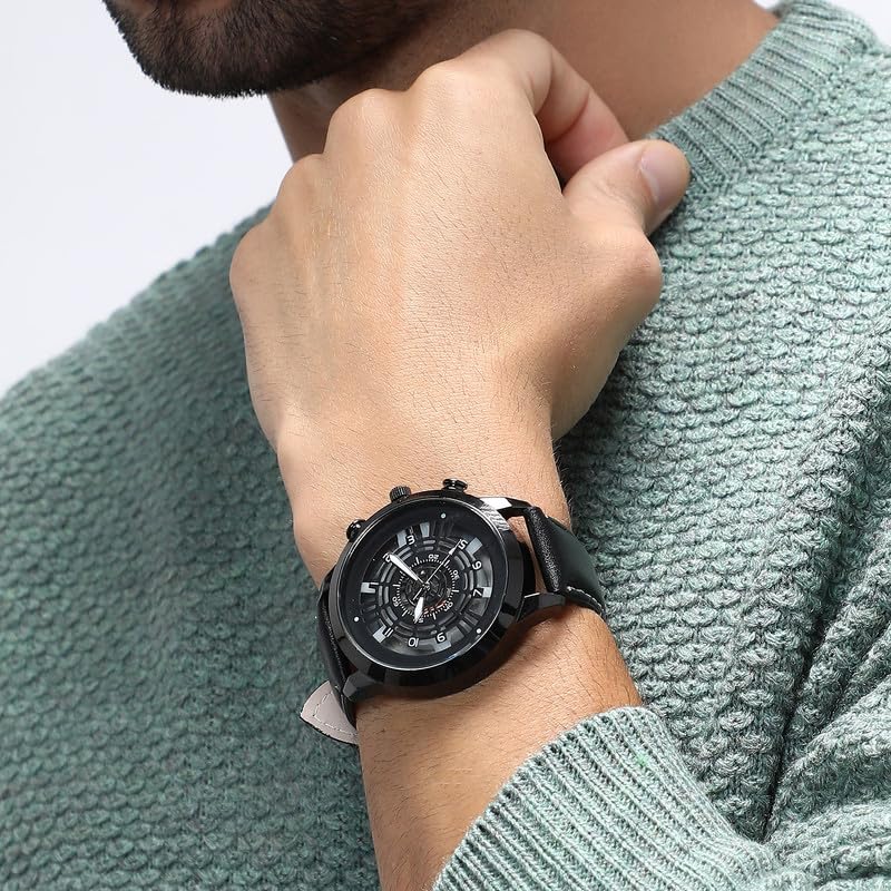 French Accent Men's The Aventra Round Watch | Onyx Black Vegan Leather Strap | Space Grey Dial | One-Size | Tang Buckle Closure | Quartz | Battery | Wrist Belt Watch for Men and Boys - Image 3
