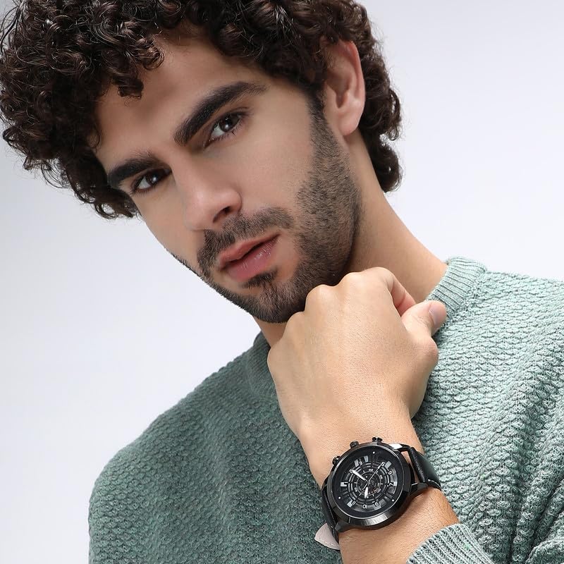 French Accent Men's The Aventra Round Watch | Onyx Black Vegan Leather Strap | Space Grey Dial | One-Size | Tang Buckle Closure | Quartz | Battery | Wrist Belt Watch for Men and Boys - Image 4