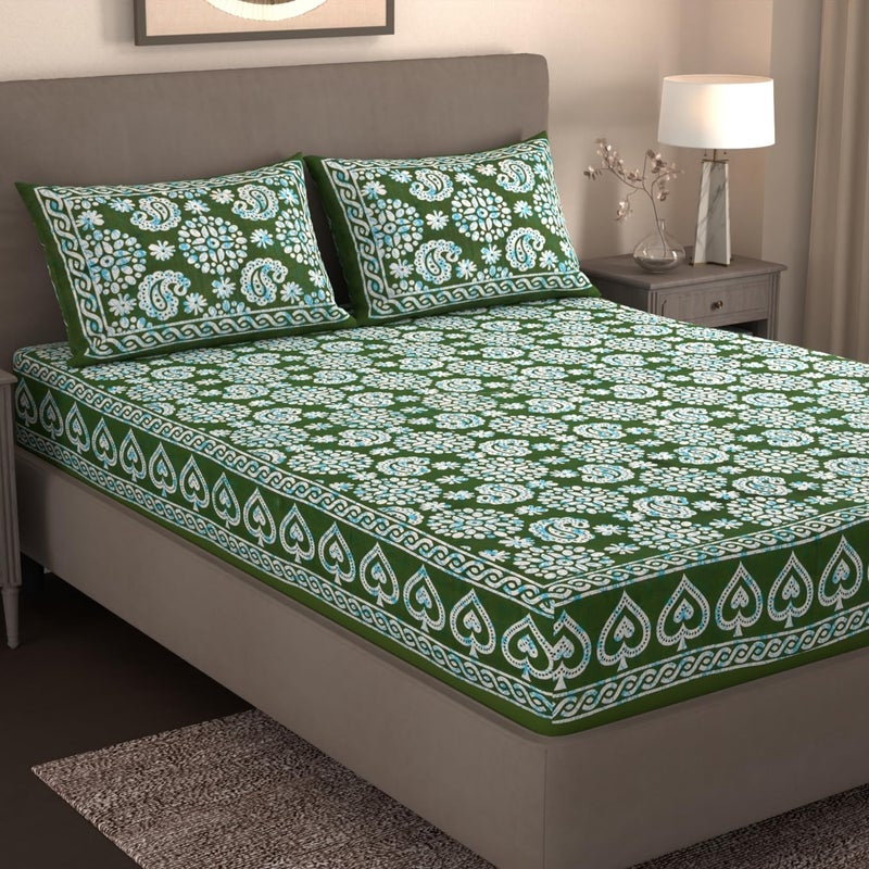 Vrde 160 TC Printed Double Bedsheet with 2 Pillow Cover Queen Size Handloom Cotton Bedsheets for Double Bed Soft Smooth Size 90X100 Inches 75x83 Feet Myrtle Green