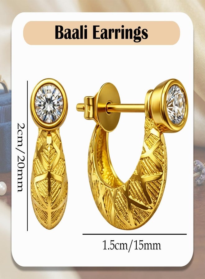 VAMA FASHIONS 18K Gold Plated Anti Tarnish Crystal Stone Round Textured Smooth Design Kaju Bali Stud Huggie Hoop Ear Rings Piercing Kan Ki Baali Earrings For Men & Boys - Image 3