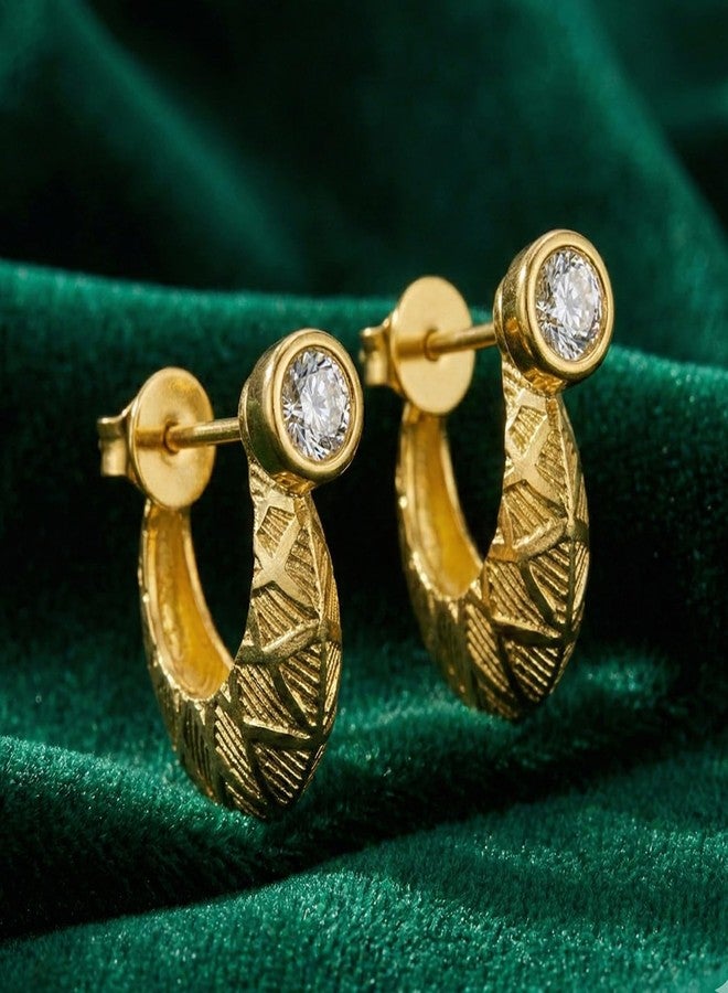 VAMA FASHIONS 18K Gold Plated Anti Tarnish Crystal Stone Round Textured Smooth Design Kaju Bali Stud Huggie Hoop Ear Rings Piercing Kan Ki Baali Earrings For Men & Boys - Image 4