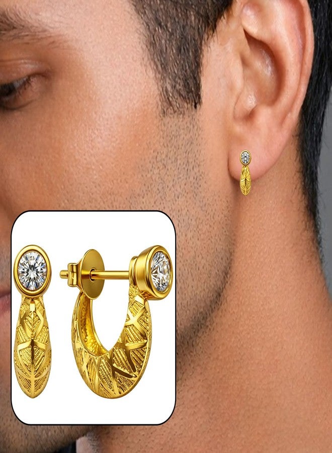 VAMA FASHIONS 18K Gold Plated Anti Tarnish Crystal Stone Round Textured Smooth Design Kaju Bali Stud Huggie Hoop Ear Rings Piercing Kan Ki Baali Earrings For Men & Boys - Image 2
