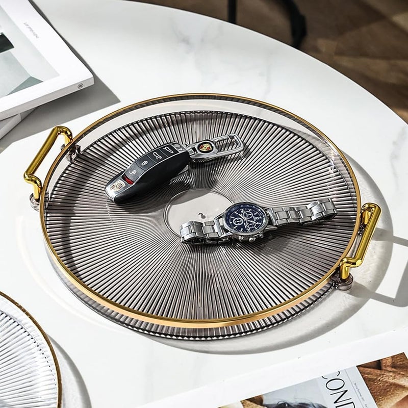 Deoxys Round Serving Tray - Round Clear and Gold Serving Tray with Golden Handles - Elegant Fruit Plate for Living Room, Bathroom, Kitchen, Snack Coffee Bread Fruit - Image 1