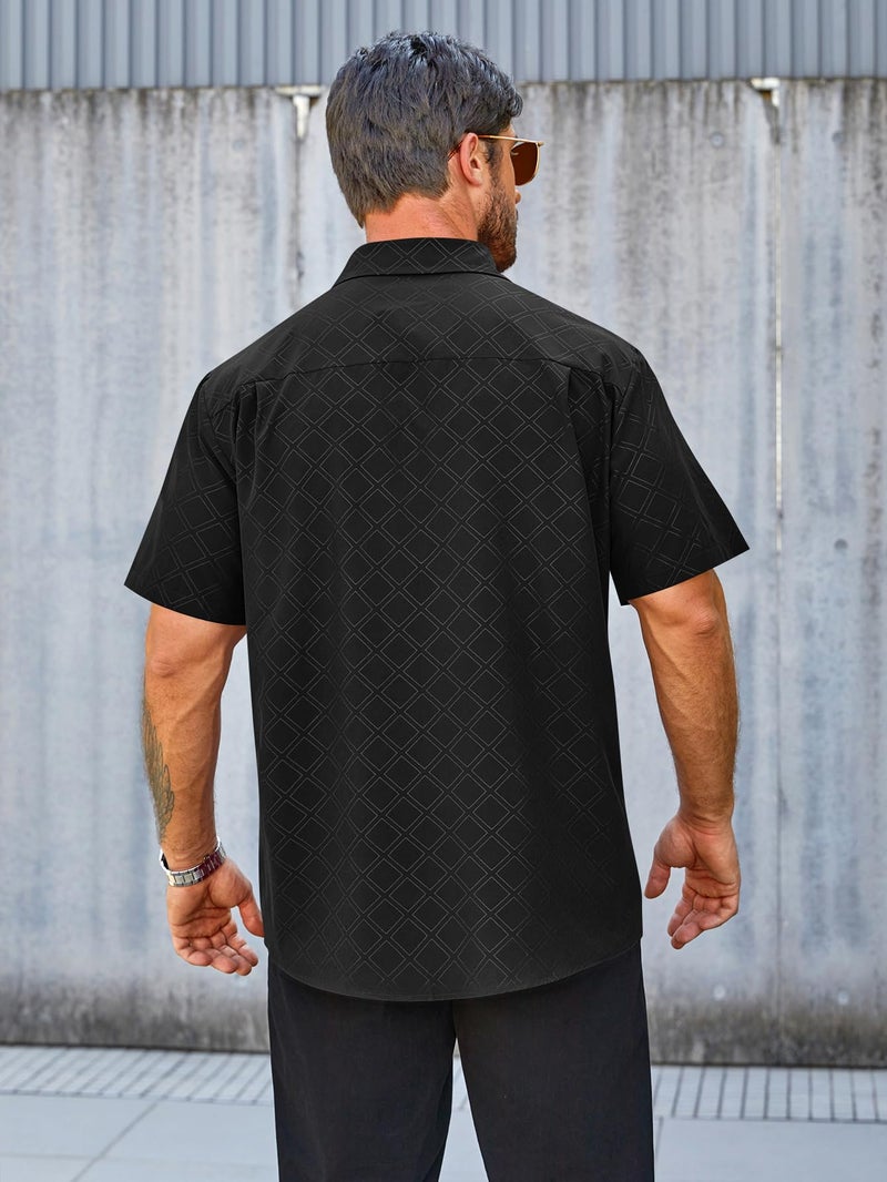 Hardaddy Men's Casual Button Down Shirt Short Sleeve Four-Way Stretch Printed Button Up Business Dress Shirt for Men Black L - Image 2