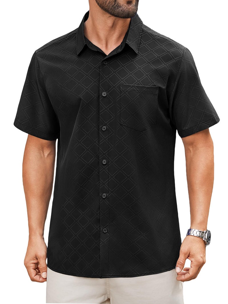 Hardaddy Men's Casual Button Down Shirt Short Sleeve Four-Way Stretch Printed Button Up Business Dress Shirt for Men Black L - Image 1