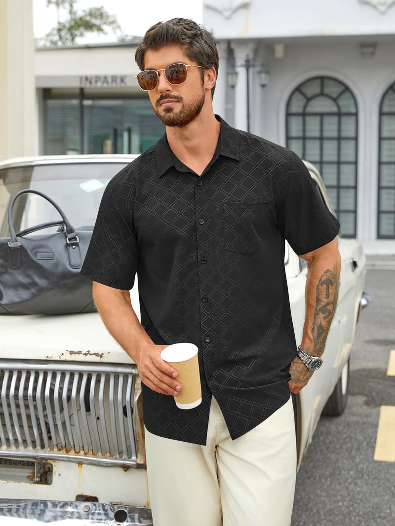 Hardaddy Men's Casual Button Down Shirt Short Sleeve Four-Way Stretch Printed Button Up Business Dress Shirt for Men Black L - Image 4