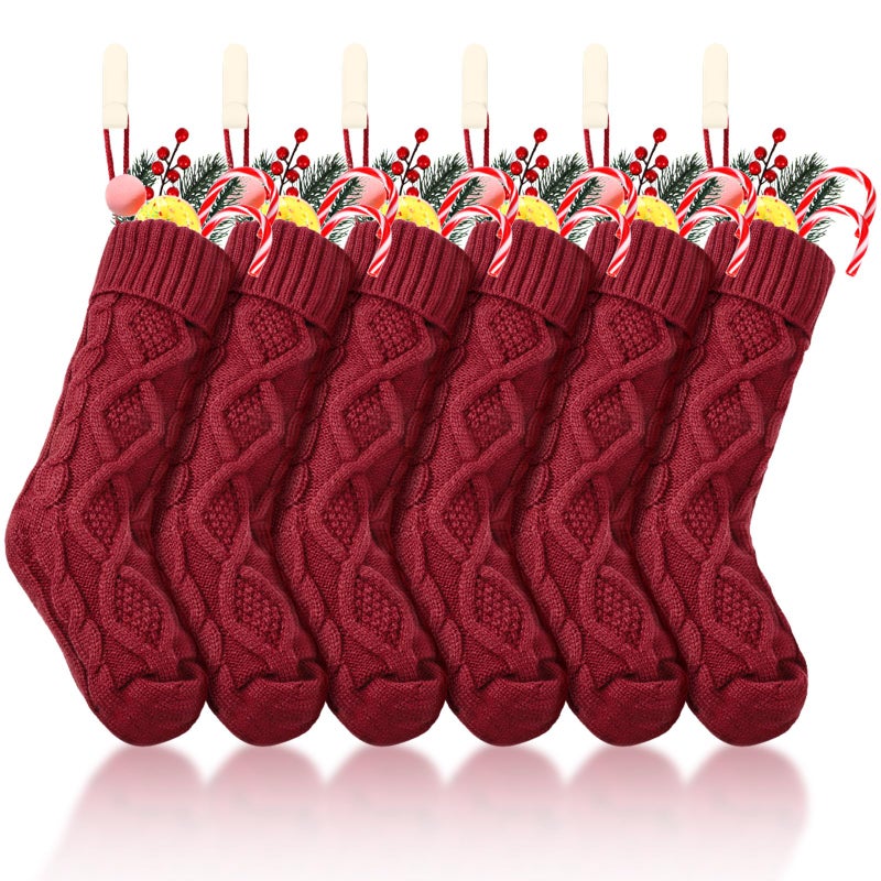 Zhanmai 6 Pack Cable Knit Christmas Stockings with Holders Large Classic Xmas Fireplace Hanging Stockings Red18 Inch