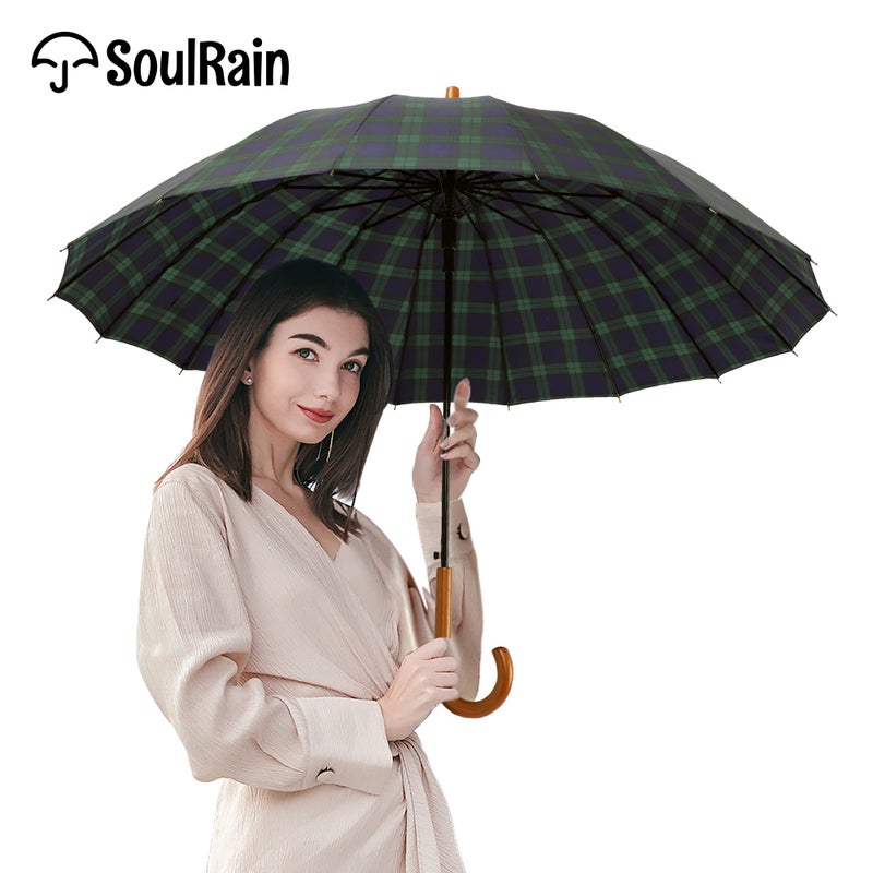 SoulRain Plaid Umbrella 16 Ribs 48" Stick Umbrella Auto Open Vintage Cane Big Umbrella With,Classic Wood Handle,Windproof Unbreakable Strong Wind Resistant Umbrellas Adult(Grid Navy) - Image 3