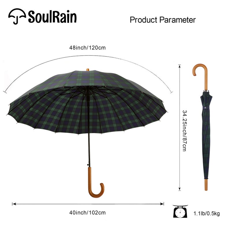 SoulRain Plaid Umbrella 16 Ribs 48" Stick Umbrella Auto Open Vintage Cane Big Umbrella With,Classic Wood Handle,Windproof Unbreakable Strong Wind Resistant Umbrellas Adult(Grid Navy) - Image 4