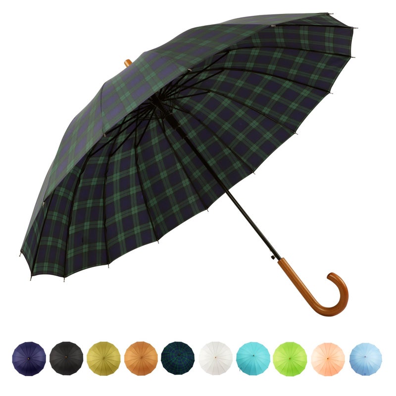 SoulRain Plaid Umbrella 16 Ribs 48" Stick Umbrella Auto Open Vintage Cane Big Umbrella With,Classic Wood Handle,Windproof Unbreakable Strong Wind Resistant Umbrellas Adult(Grid Navy) - Image 1