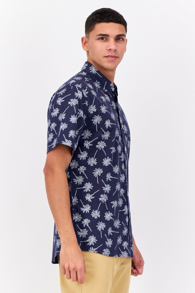 Peter Werth Men Regular Fit Short Sleeve All Over Printed Casual Shirt, Navy - Image 2