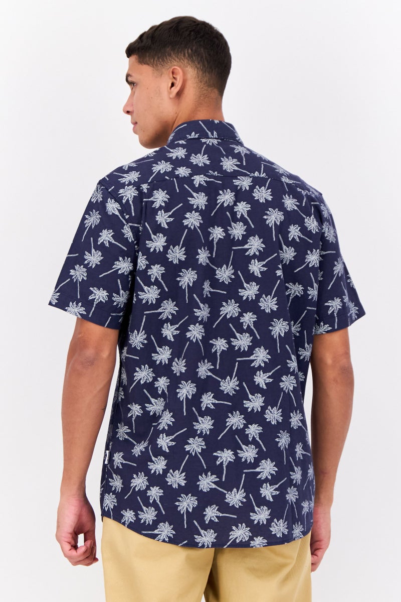 Peter Werth Men Regular Fit Short Sleeve All Over Printed Casual Shirt, Navy - Image 3