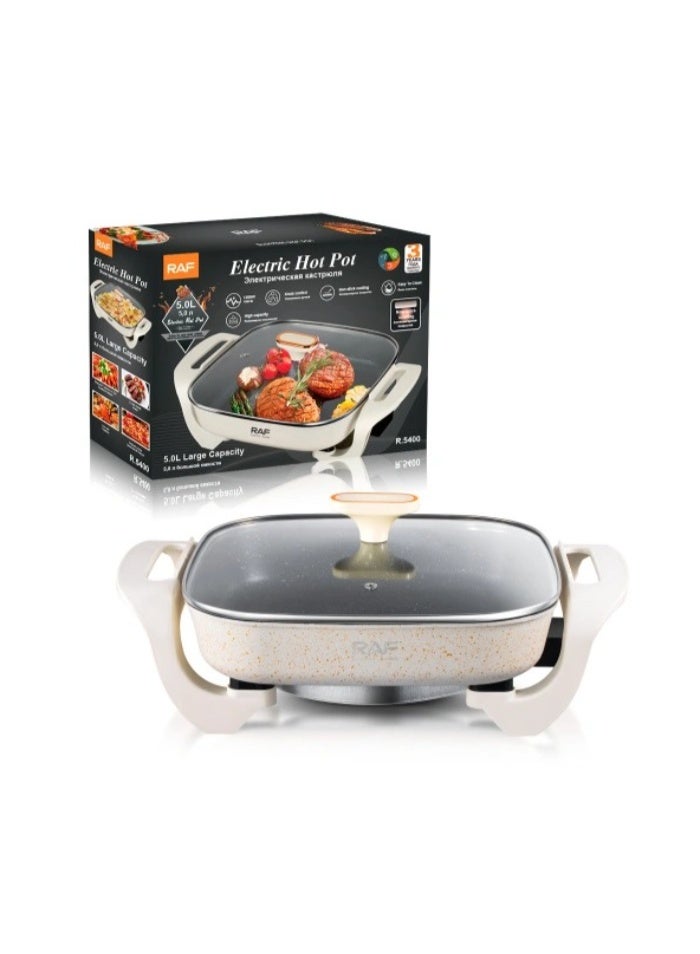 RAF Multi-functional Electric Hot Pot 5L 1200W with Knob Control, Non-stick Coating, Fast Heating Cooker for Soup, Noodles, Stew, Hotpot & Family Meals - Image 4