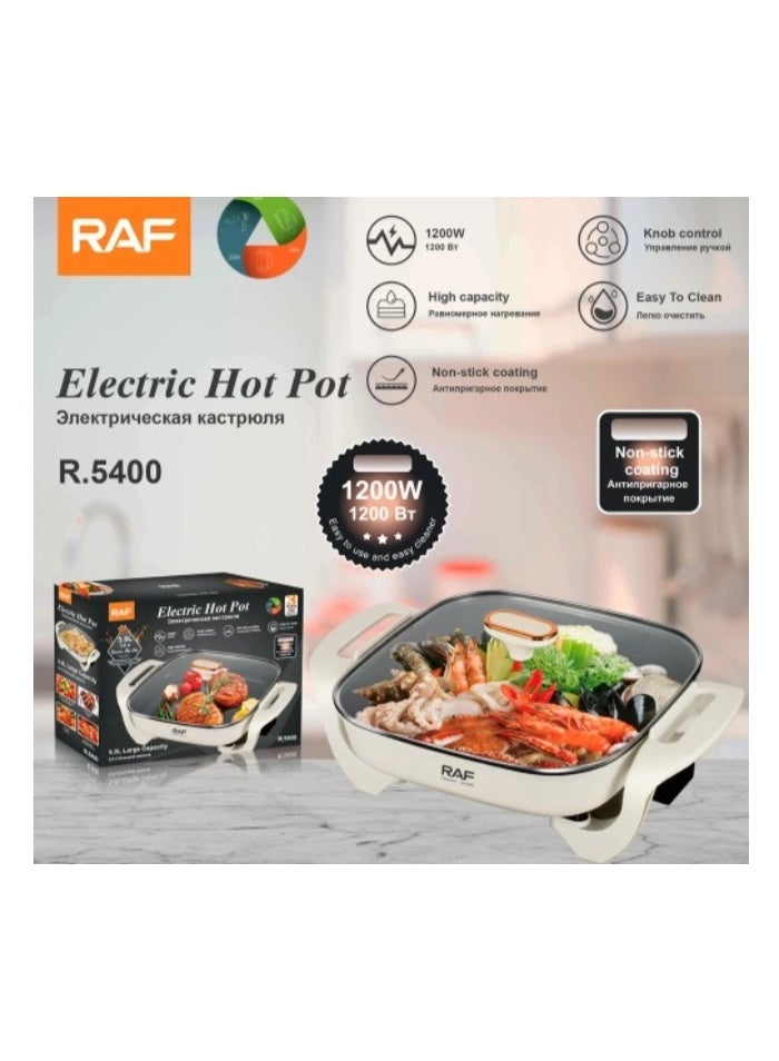 RAF Multi-functional Electric Hot Pot 5L 1200W with Knob Control, Non-stick Coating, Fast Heating Cooker for Soup, Noodles, Stew, Hotpot & Family Meals - Image 1