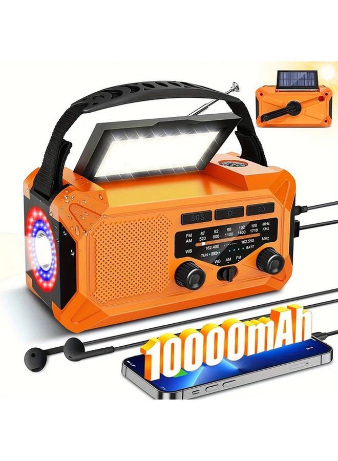 Orange Solar Emergency Weather Radio 10000mAh Hand Crank AM FM NOAA Flashlight Reading Lamp Compass Phone Charger - Image 1