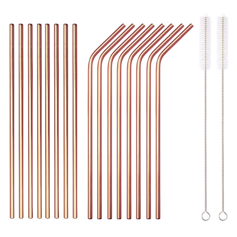 HOMQUEN 18 Piece Copper Stainless Steel Straws 85  Reusable Rose Gold Drinking Strawswith Portable Pouch 8 Straight8 Bent2 Brushes 