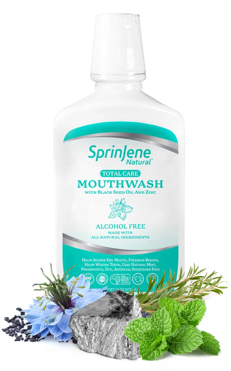 SprinJene غسول فم سبريجن خالي من الفلورايد خالي من الكحول لصحة اللثة وتنفس منعش وجفاف الفم وتبييض الأسنان بزيت الحبة السوداء والزنك والزيتول طبيعي 100% نباتي خالي من الغلوتين كوشير حلال خالي من SLS غير سام