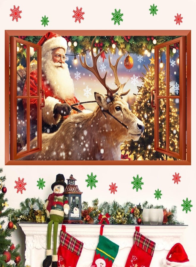 kokolap Christmas Wall Decoration Stickers Reindeer Santa Claus Art Murals Peel and Stick Xmas Home Indoor Decor Vinyl Decals Fake Window Snowflake Deer Winter Wall Decal for Living Room Holiday Party Supply - Image 1