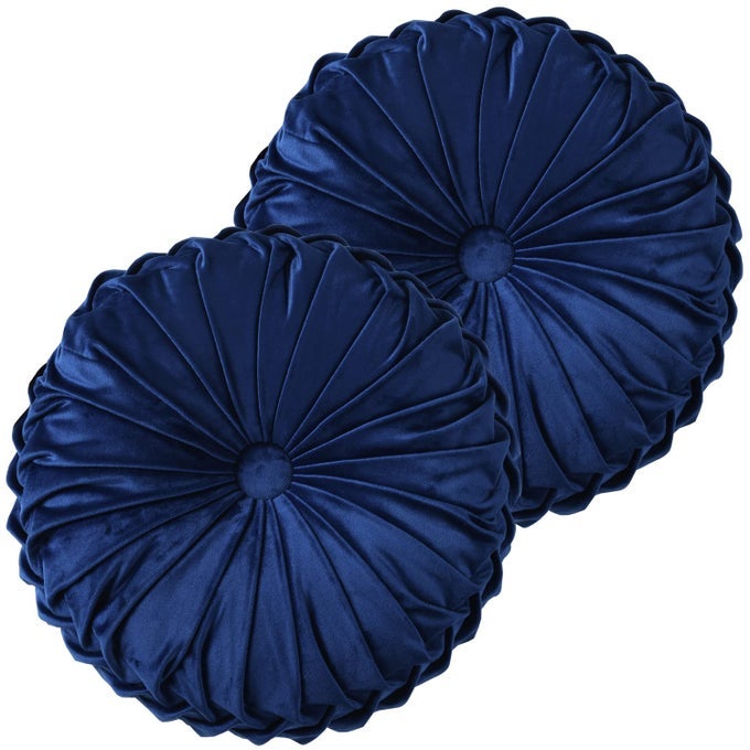 HIG SET OF 2 DECORATIVE ROUND PLEATED THROW PILLOWS CLASSY ACCENT PUMPKIN THROW PILLOWS WITH CENTER BUTTON VINTAGE VELVET FLOOR PILLOWS FOR SOFA COUCH VANITY CHAIR BED NAVY 145 DIAMETERRIPPLE