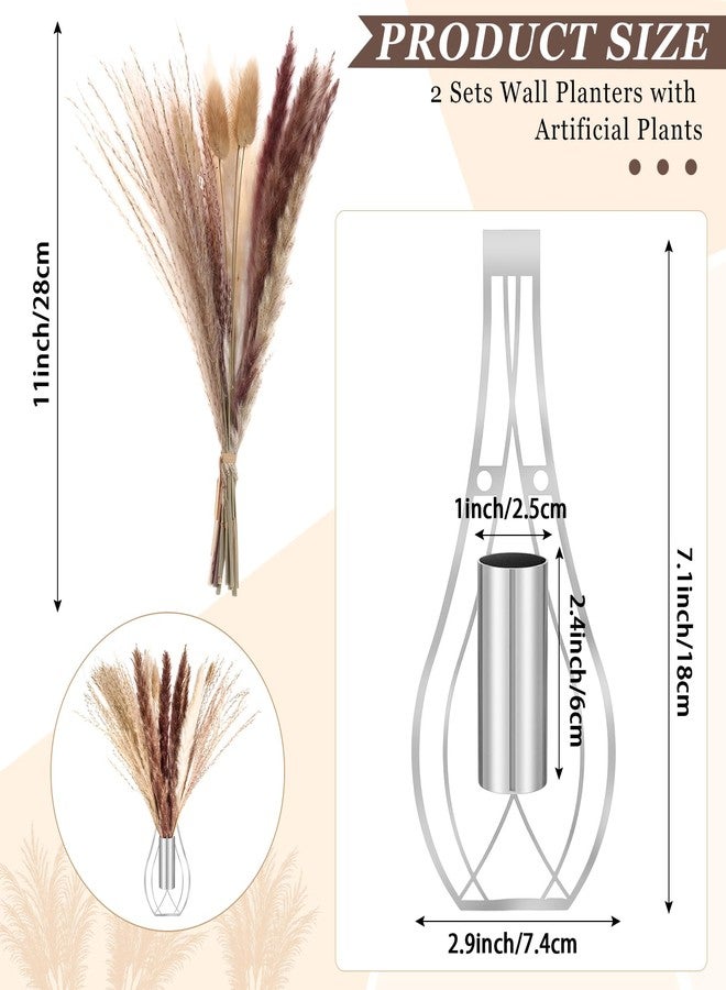 Otoolling 2 Pcs Boho Wall Decor Metal Wall Art Hanging Planter with Artificial Pampas Wall-mounted Modern Home Decor Display Artwork Plant Hanging Vase for Bedroom Living Room Bathroom(Silver) - Image 2