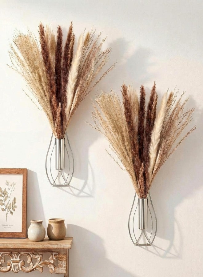 Otoolling 2 Pcs Boho Wall Decor Metal Wall Art Hanging Planter with Artificial Pampas Wall-mounted Modern Home Decor Display Artwork Plant Hanging Vase for Bedroom Living Room Bathroom(Silver) - Image 1