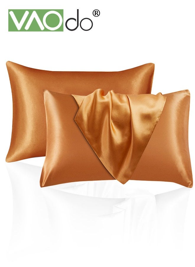 VAOdo 2Pcs Satin Pillowcase Set Soft Breathable for hair and skin Pillow Cover (51*102CM Orange)  - Image 1