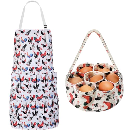 Cutecrop 2 Pcs Egg Collecting Apron and Basket 15 Gathering Pockets Chicken Apron and 7 Pockets Basket for Farmers KitchenClassic Style - Image 1