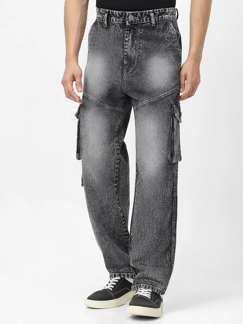 Urbano Fashion  Urbano Fashion Men's Grey Loose Baggy Fit Washed Cargo Jeans with 7 Pockets Non-Stretchable  | Best Price UAE