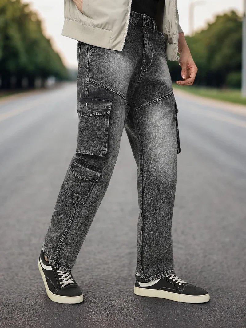 Urbano Fashion Men's Grey Loose Baggy Fit Washed Cargo Jeans with 7 Pockets Non-Stretchable