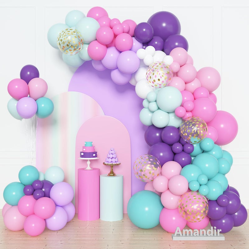 Amandir 153 Pcs Pink Purple Balloons Arch Garland Kit, Different Sizes 18 12 10 5 inch Purple Blue Pink Gold Confetti Pastel Unicorn Balloon for Wedding Shower Princess Birthday Party Decorations - Image 1