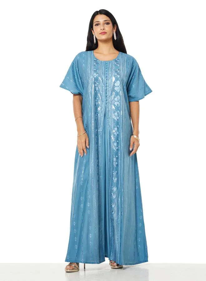 Thouq Blue Embroidered A-Line Maxi Jalabiya