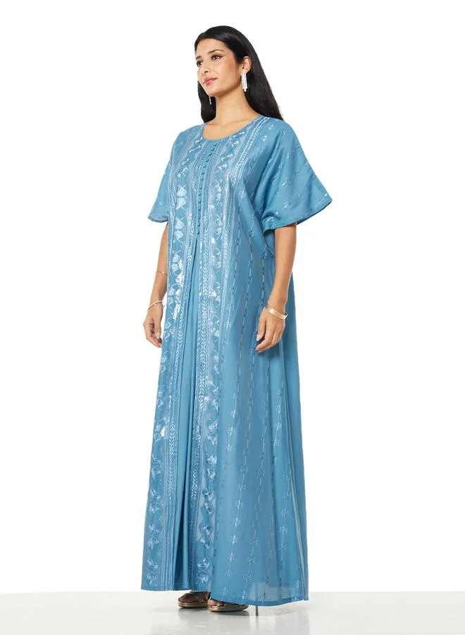 Thouq Blue Embroidered A-Line Maxi Jalabiya